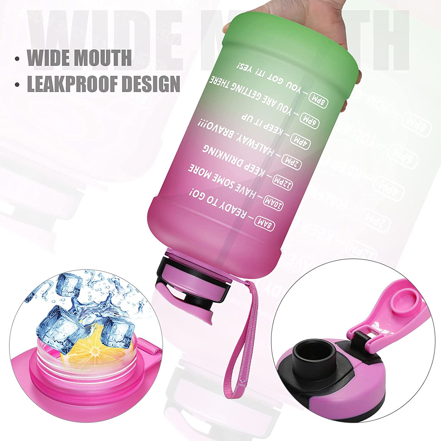 64oz Water Bottle with Straw & Time Marker, Wide Mouth Leakproof BPA Free