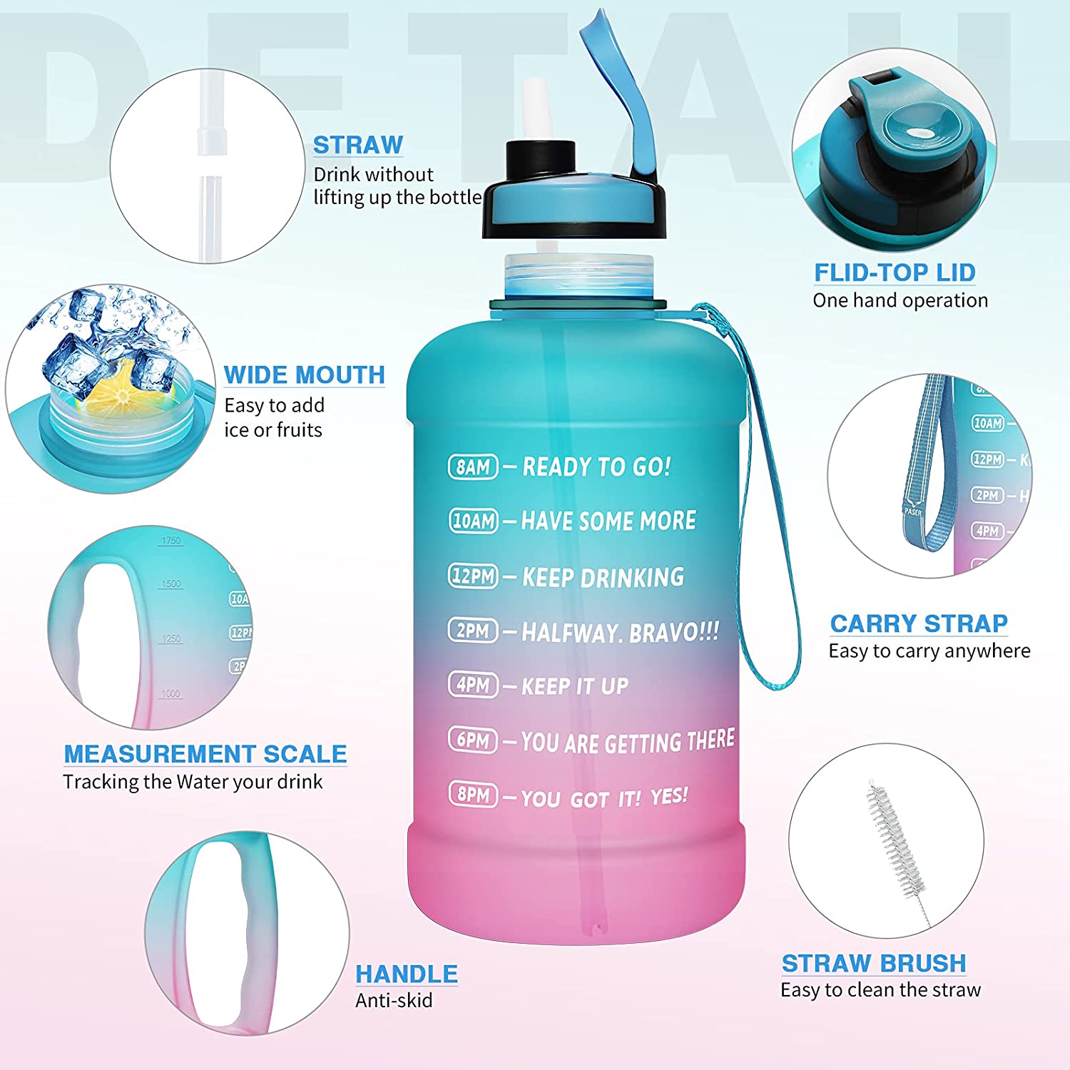64oz Water Bottle with Straw & Time Marker, Wide Mouth Leakproof BPA Free
